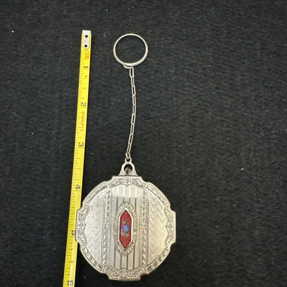 Antique Art Deco Silver Blue Guilloche Enamel Fob Chain Puff Dance Compact
